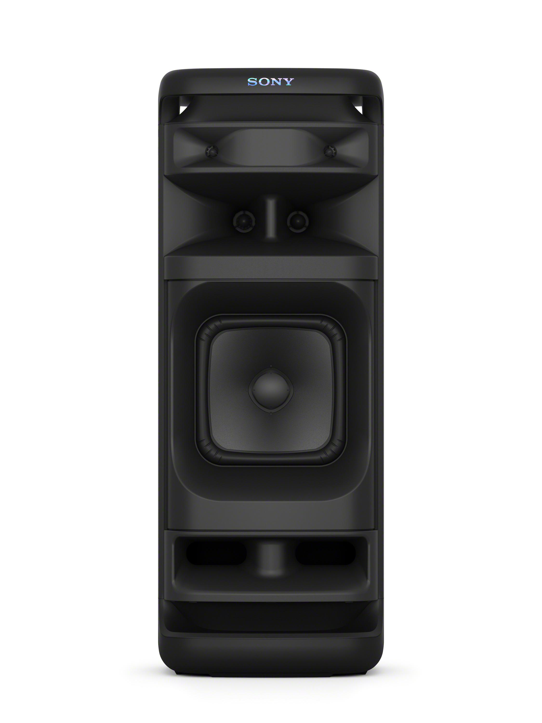 Ein schwarzer Lautsprecher. Er hat einen großen zentralen Lautsprecher und zwei kleinere Lautsprecher oben.