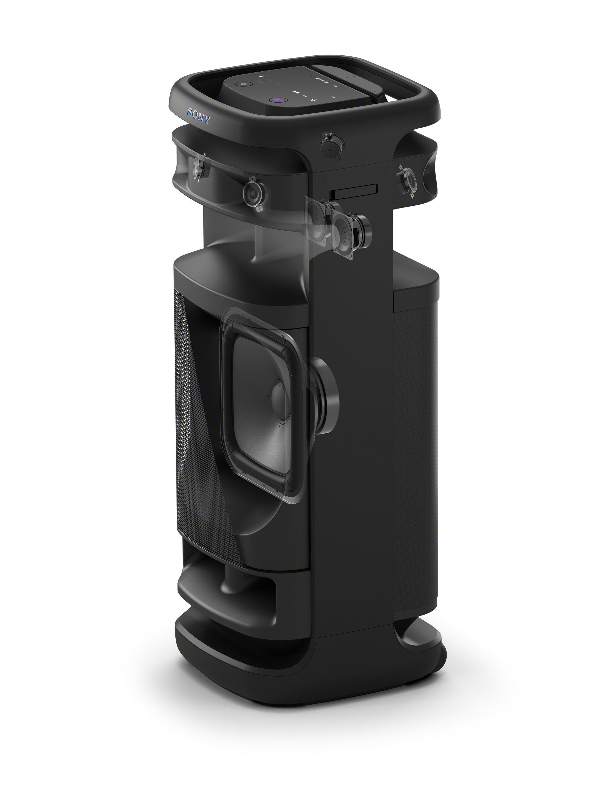 Schwarzer Sony-Lautsprecher, Schnittansicht. Zeigt Innenlautsprecher und Komponenten.