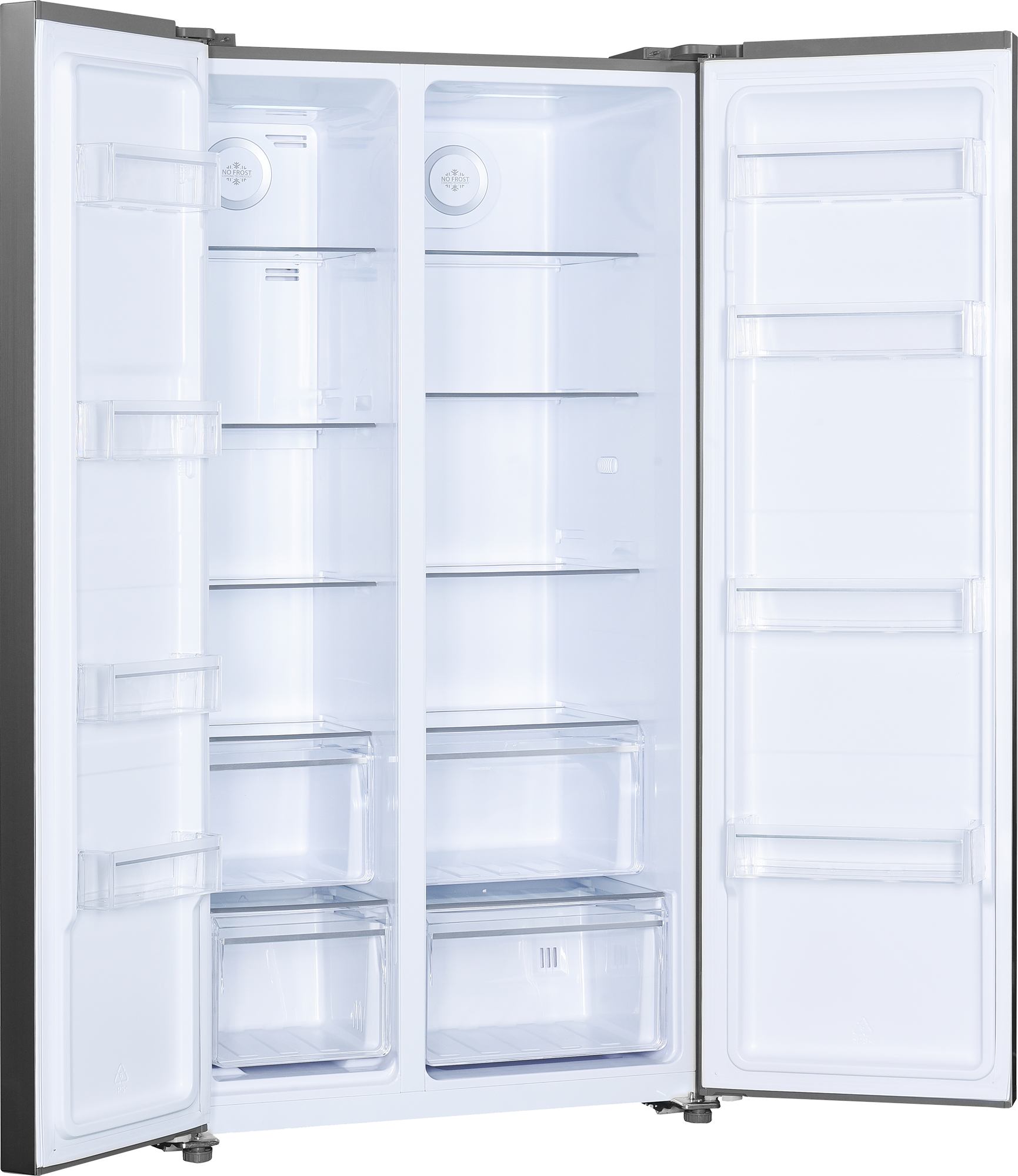 Otwarta lodówka z półkami i szufladami.