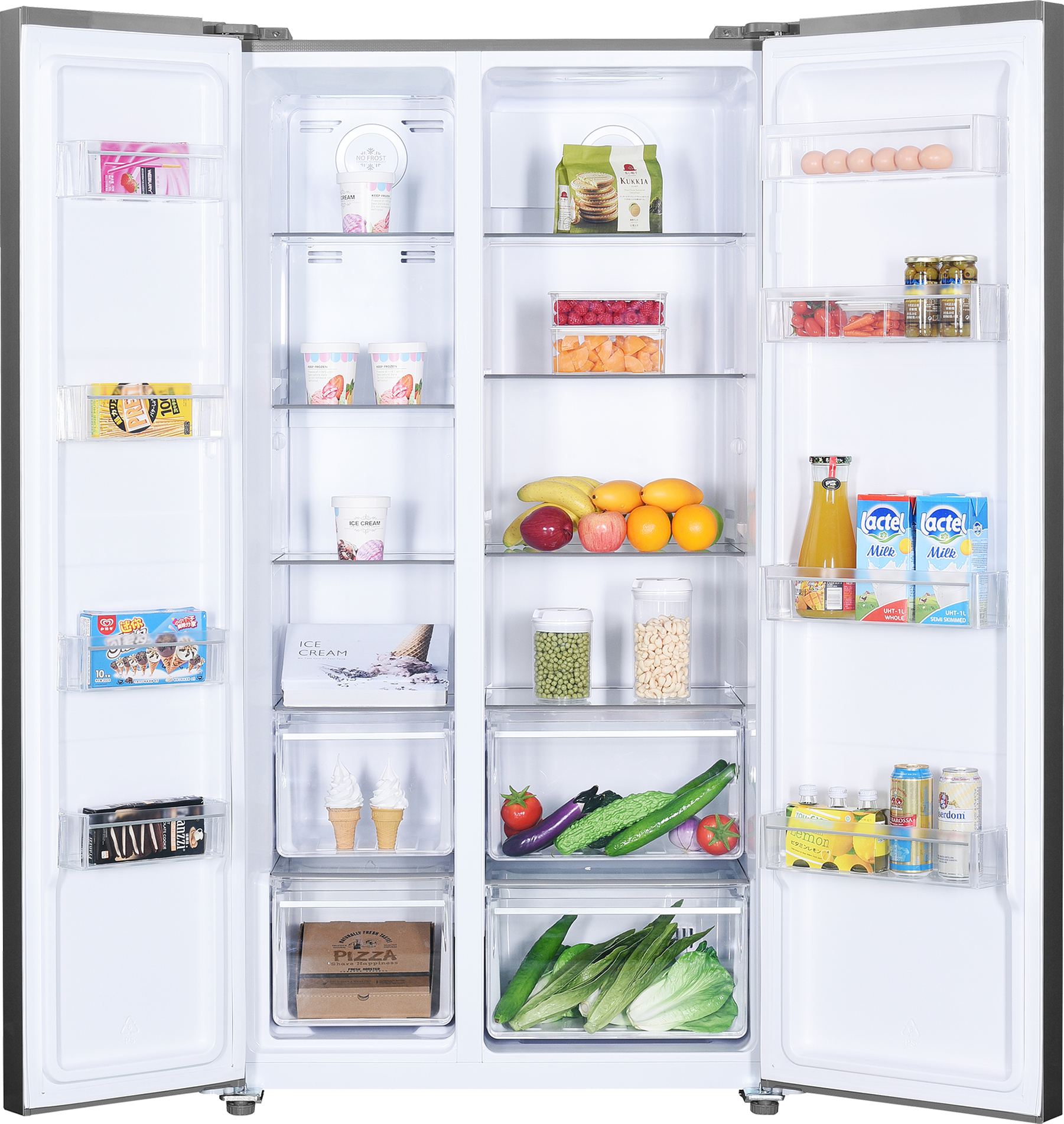 Wnętrze lodówki pełne produktów spożywczych, dobrze zorganizowane.