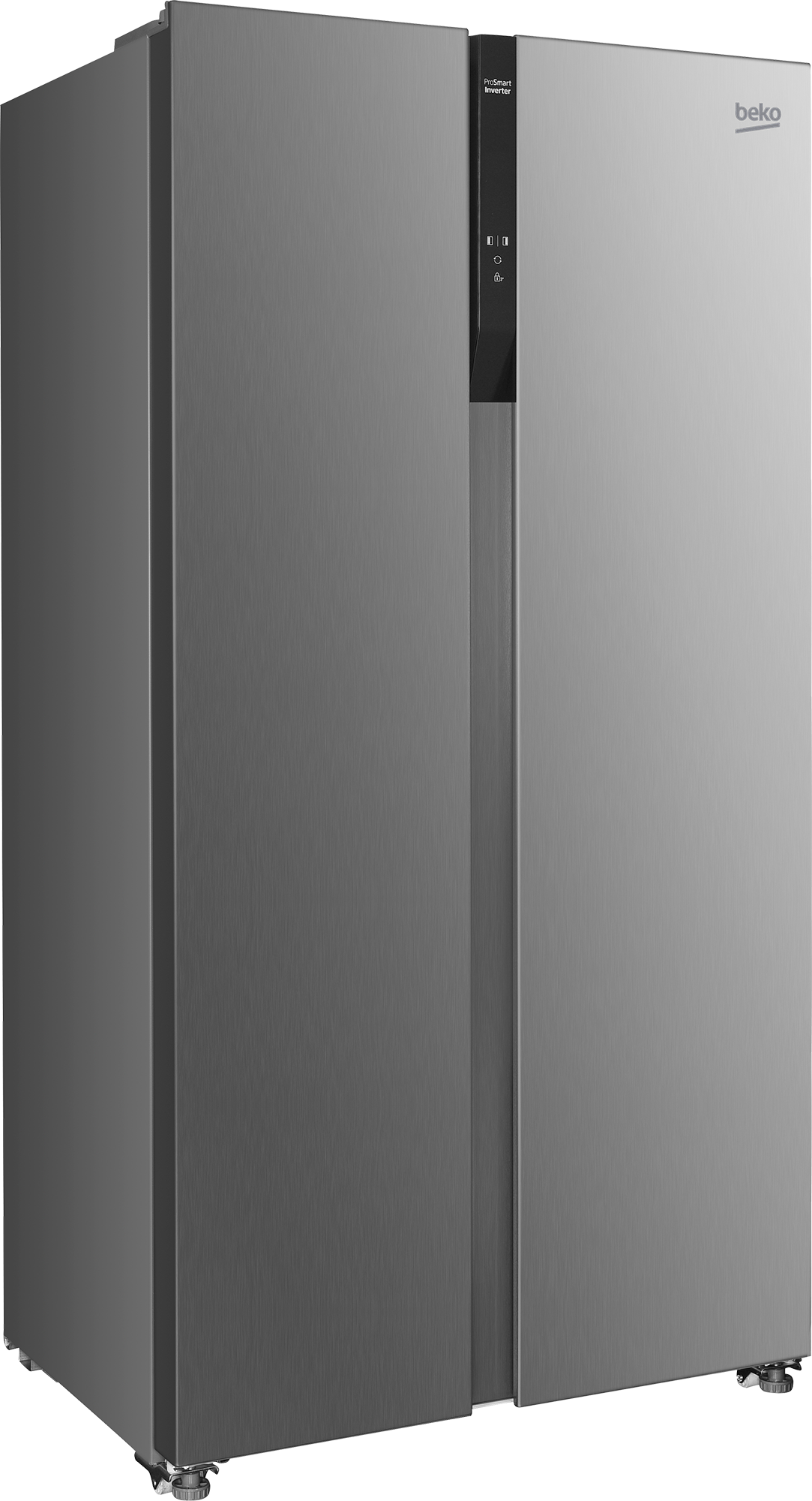 Srebrna lodówka Beko z dwiema drzwiami, wykończenie ze stali nierdzewnej.