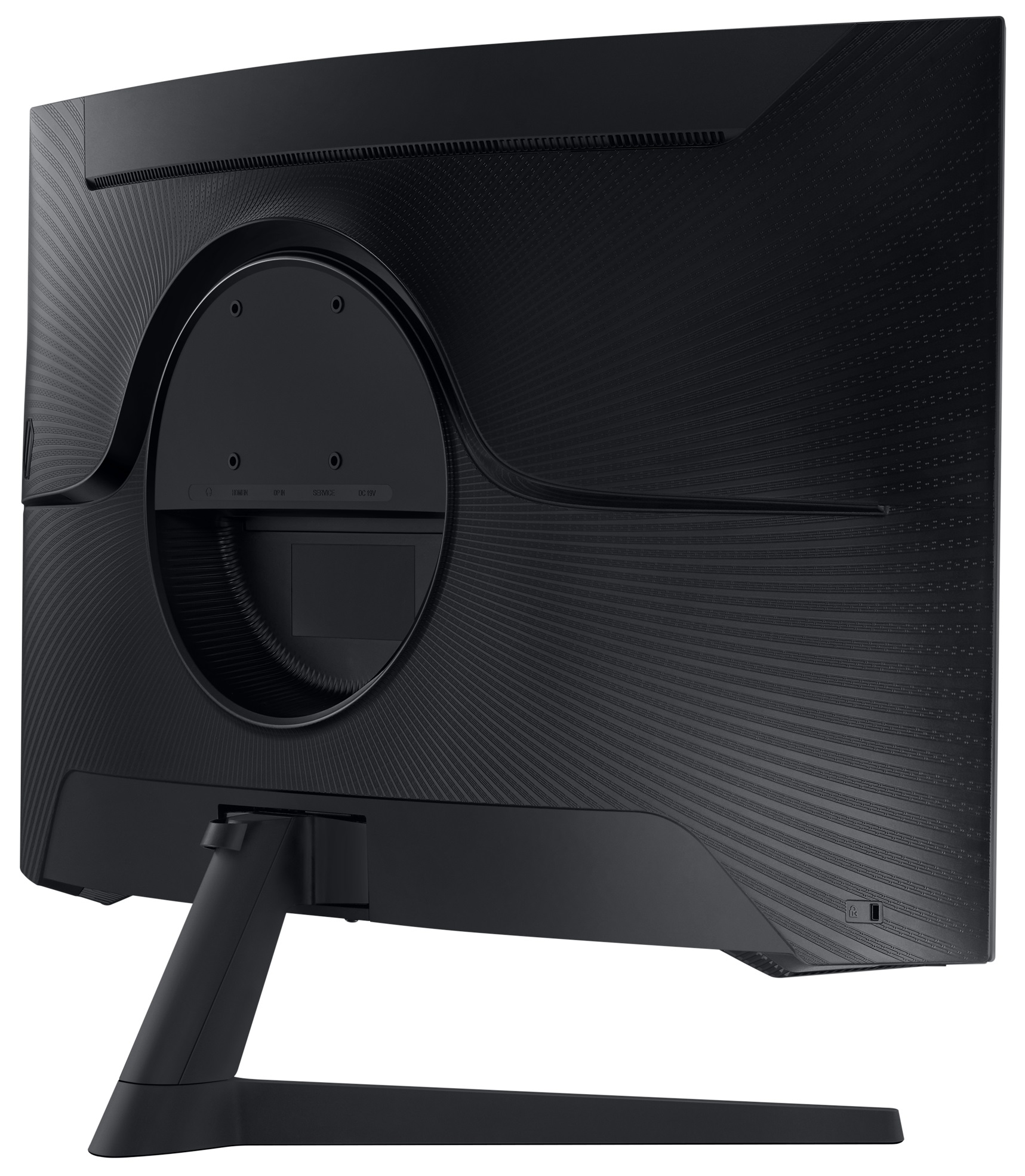 Tył zakrzywionego czarnego monitora z portami i czarną podstawą.