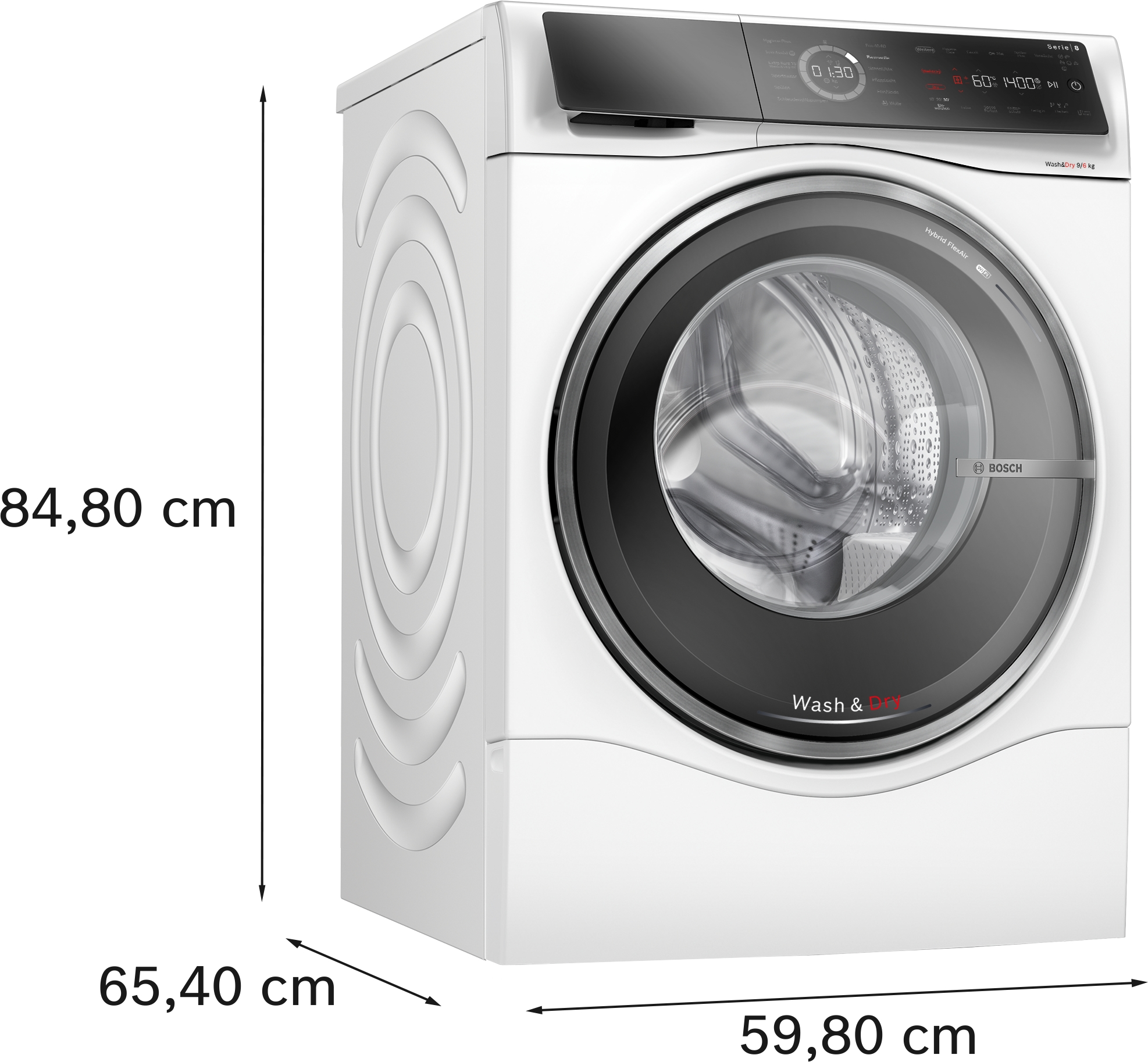 Eine weiße Waschmaschine mit Abmessungen. Die Tür ist geschlossen. Marke Bosch.