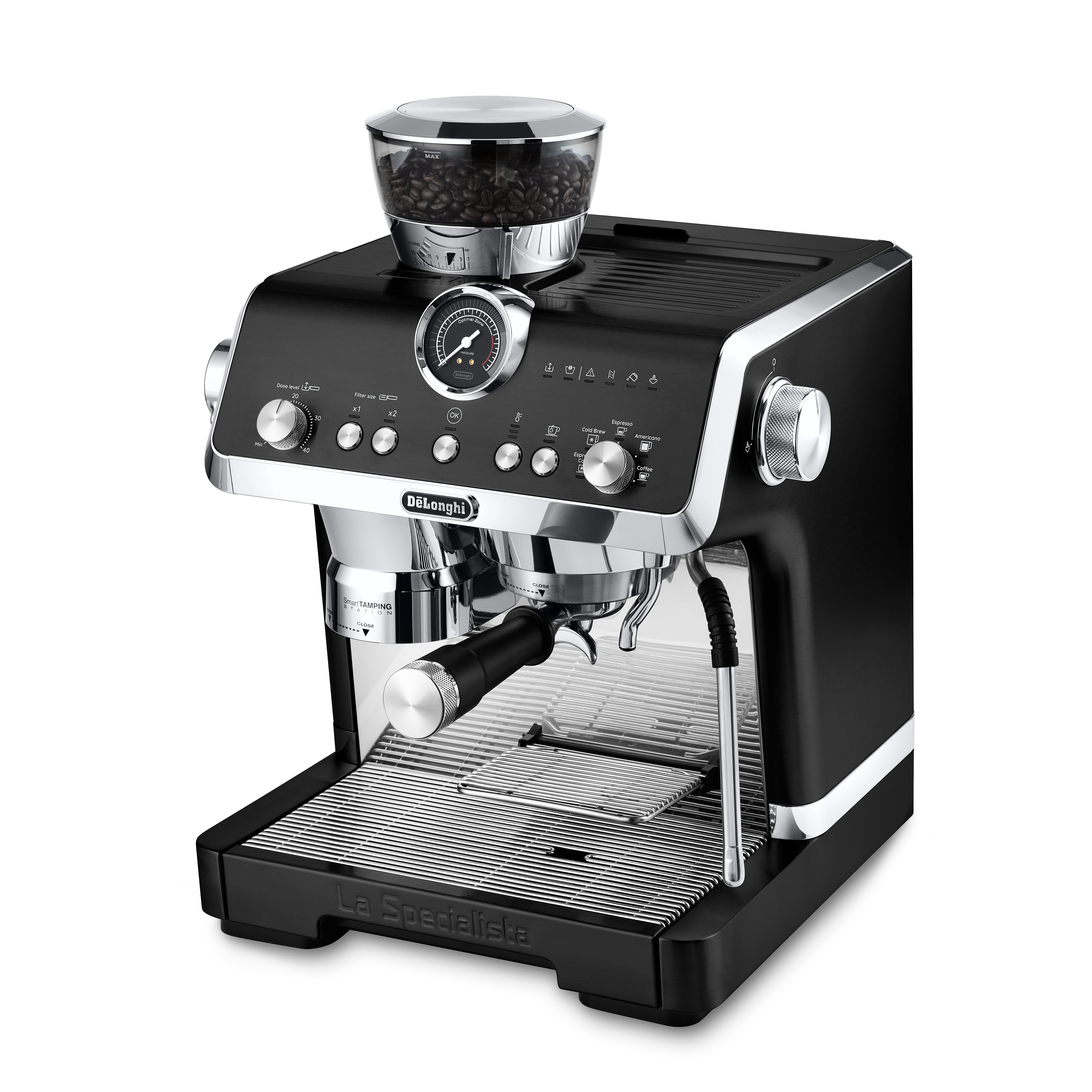 Schwarze und silberne Espressomaschine mit einem Kaffeebohnenbehälter oben.
