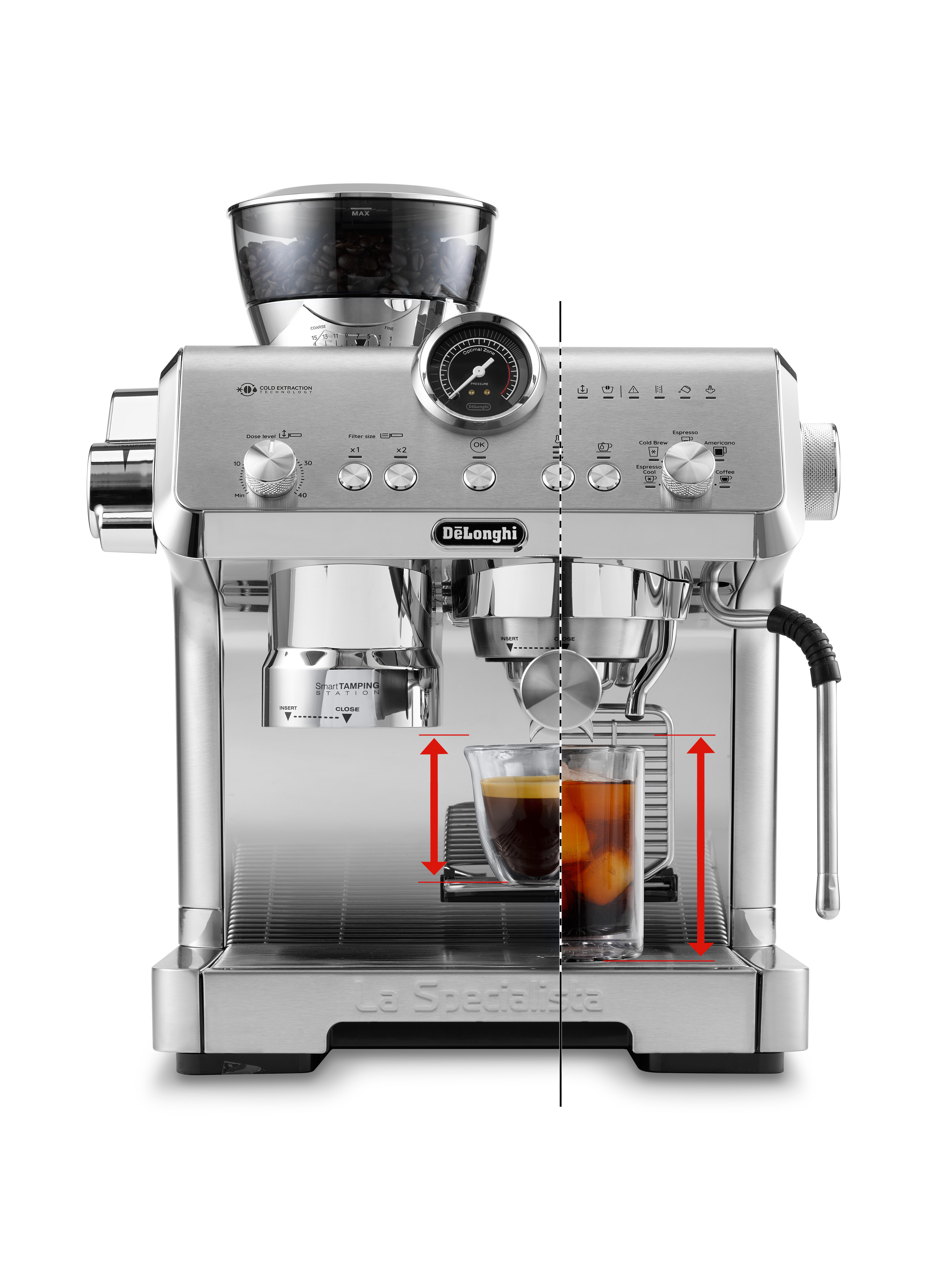 Espressomaschine aus Edelstahl mit einem Glas Kaffee und Pfeilen.