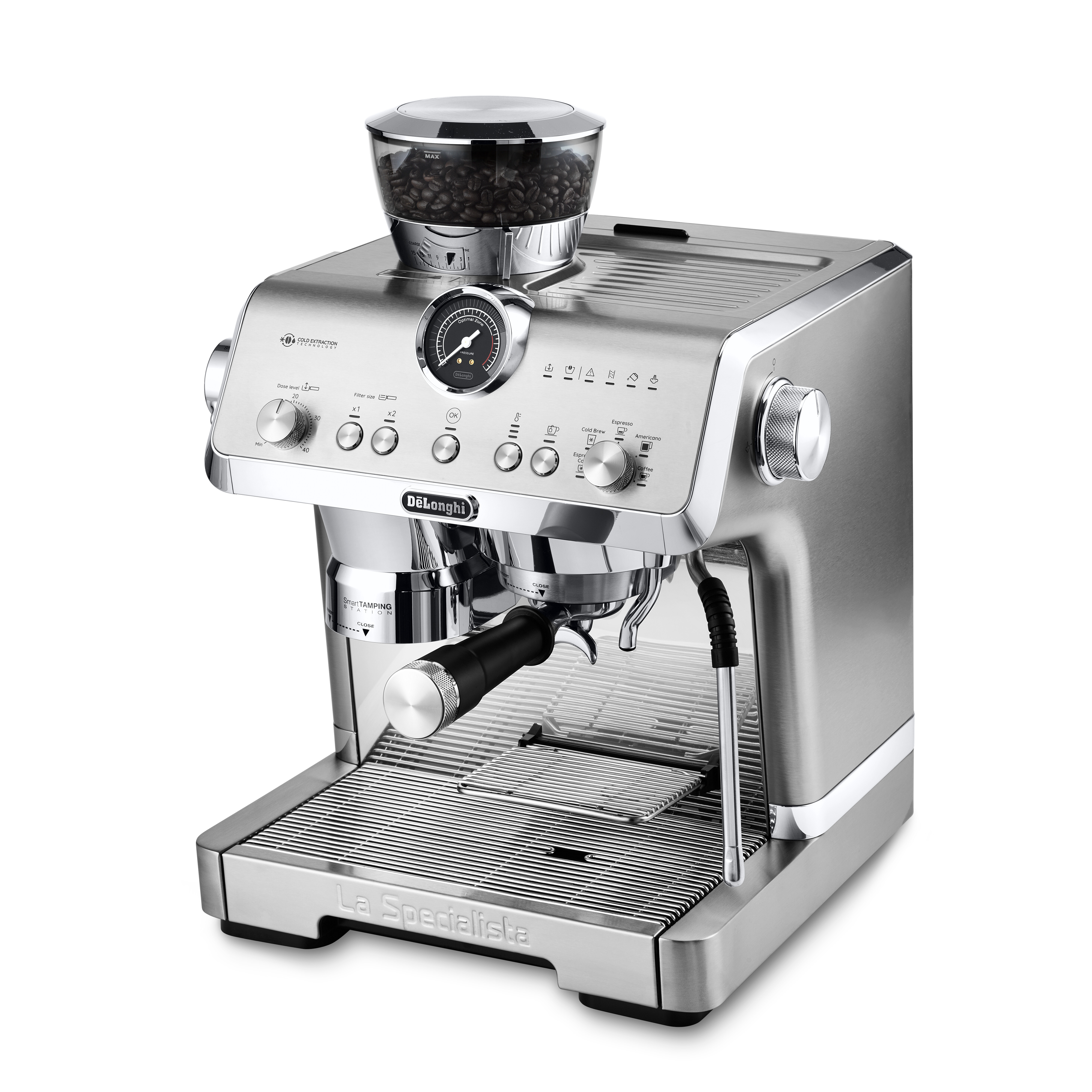 Eine Kaffeemaschine aus Edelstahl mit Bohnenmühle und Milchaufschäumer.