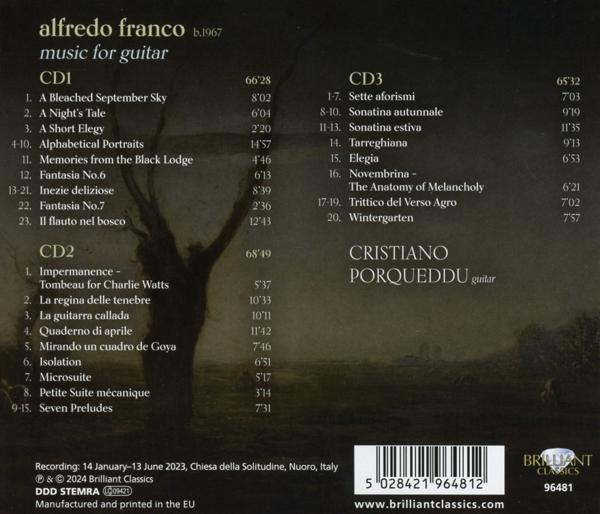 CD-Liste mit Titeln und Spielzeiten für Alfredo Franco, Musik für Gitarre.