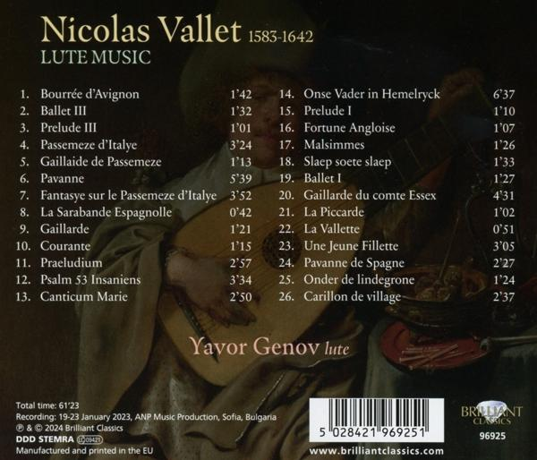 Rückseite eines Albumcovers mit Nicolas Vallet LUTE MUSIC und Stückliste.