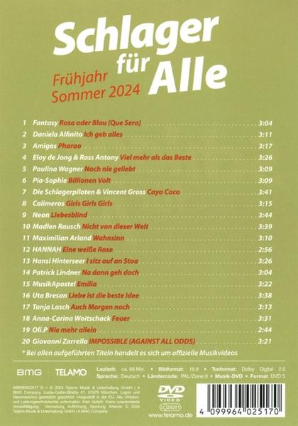 Rückseite einer DVD mit Schlager-Compilation für Frühjahr/Sommer 2024.
