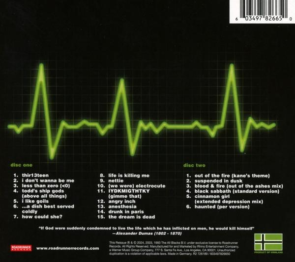 CD-borító. Zöld hullámforma grafika. Dalsorok a 'disc one' és 'disc two' alatt. Fekete háttér. Fehér szöveg.