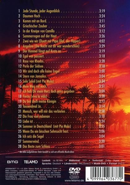 DVD-Hülle Rückseite mit Trackliste. Tropischer Sonnenuntergang im Hintergrund.