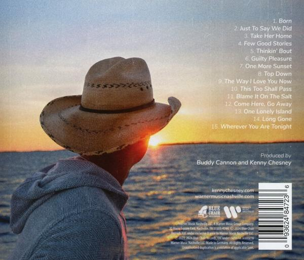 Rückseite einer CD-Hülle mit Titelliste und Sonnenuntergang.