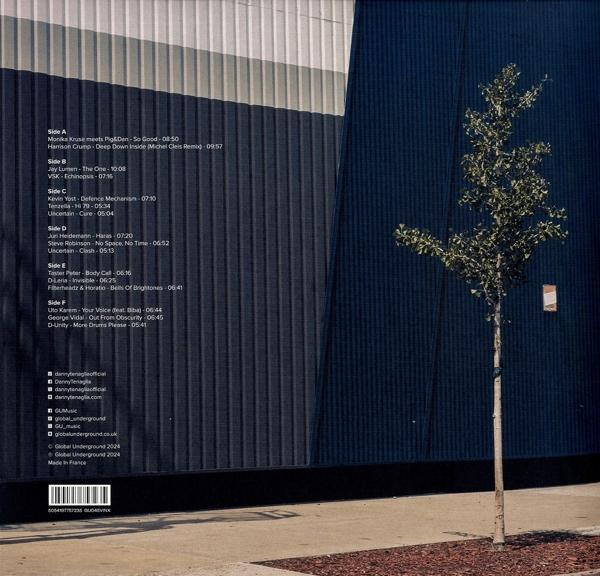 Eine Liste von Songs auf einer Schallplatte mit einem Baum im Hintergrund.