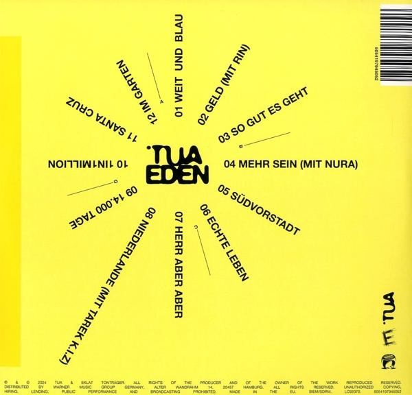 Albumcover. Ein gelber Hintergrund mit schwarzem Text, der eine Titelliste und den Namen des Künstlers umreißt.