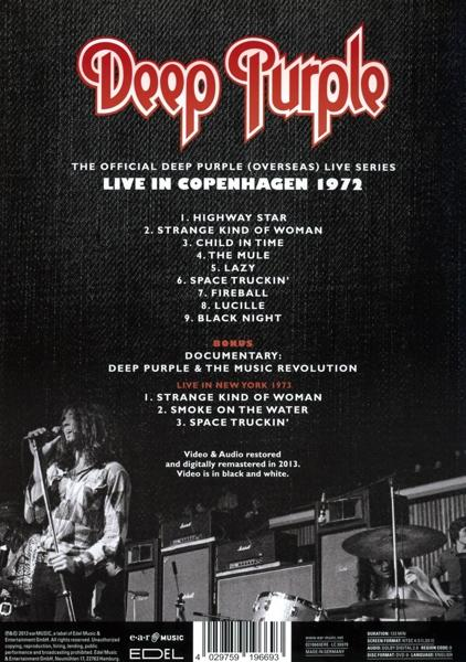 Deep Purple Albumcover, schwarzer Hintergrund, Bandname, Titelliste und Live-Foto.