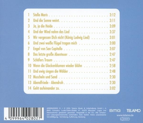 Ein CD-Cover mit einer Titelliste und Text auf Deutsch. Der Hintergrund ist hellblau.