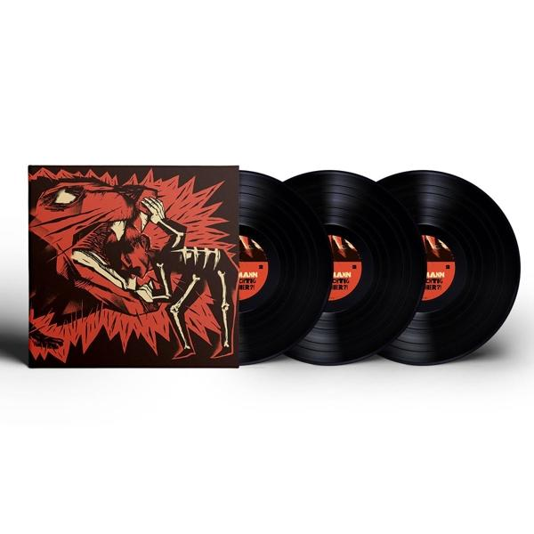 Schallplatten-Cover mit rotem Design und drei schwarzen Schallplatten.