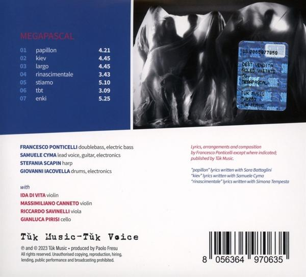 Album-Cover mit Songliste, Musikern und Barcode. Rechte Seite zeigt verhüllte Figuren.