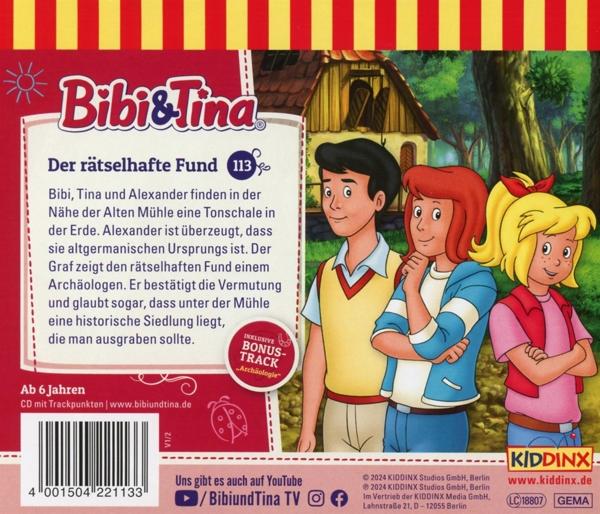 Rückseite eines Kinderbuchs. Drei Figuren in einer Waldszene.