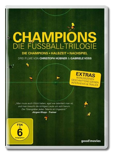 DVD-Cover. Grüner Hintergrund mit gelbem Text: Champions, eine Fußballtrilogie. Fußballfeld-Grafik mit Figuren.