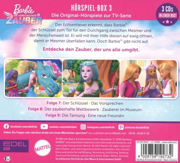 Barbie-Buch. Zeigt ein Cartoon-Bild von Barbie und anderen Figuren. Text auf Deutsch: 'Hörspiel-Box 3 CDs'.