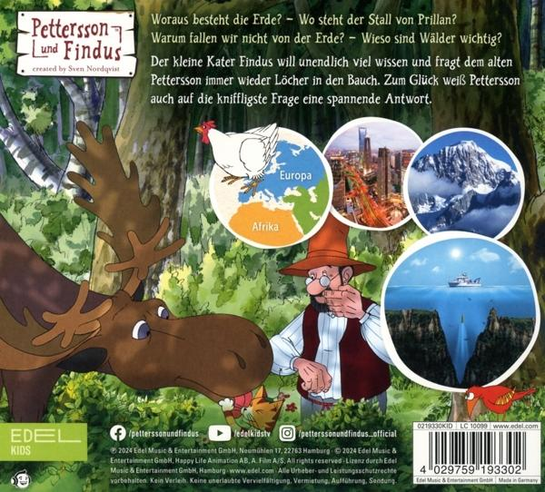 Kinderbuchcover: Ein Elch, ein Mann, ein Huhn und eine Weltkarte mit Text.