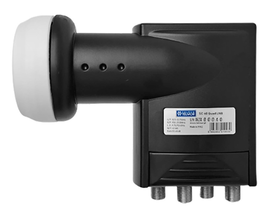 Czarny odbiornik satelitarny z białym przodem i wieloma portami wyjściowymi.