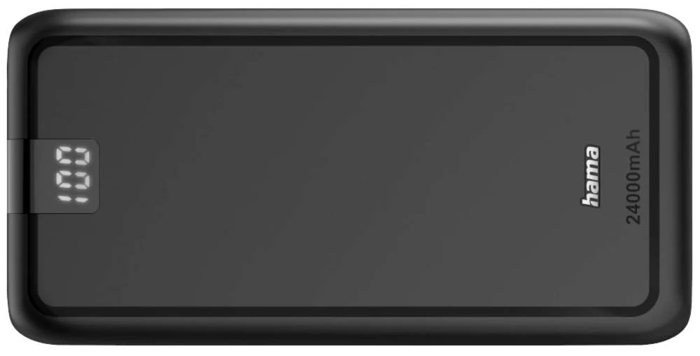 Czarny power bank Hama 24000mAh z cyfrowym wyświetlaczem pokazującym 100% naładowania.
