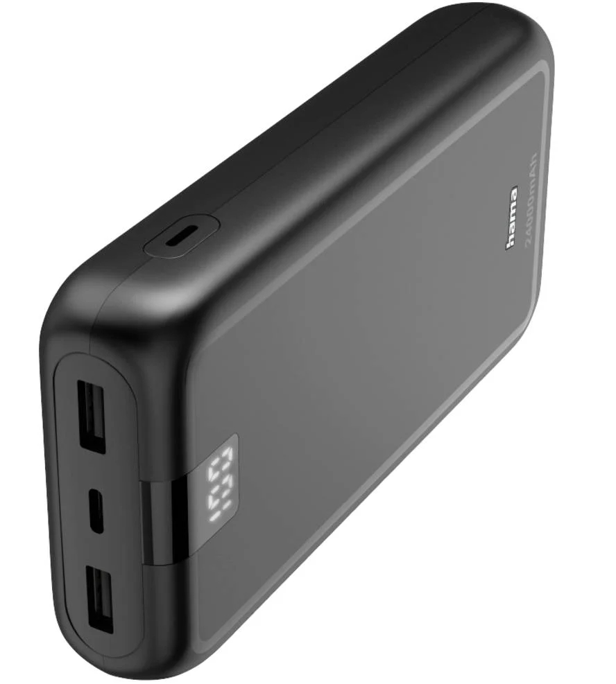 Czarny power bank z cyfrowym wyświetlaczem pokazującym procent naładowania baterii.