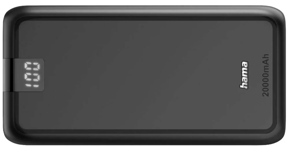 Czarny power bank z cyfrowym wyświetlaczem pokazującym 100%. Posiada logo 'hama' i tekst 20000mAh.