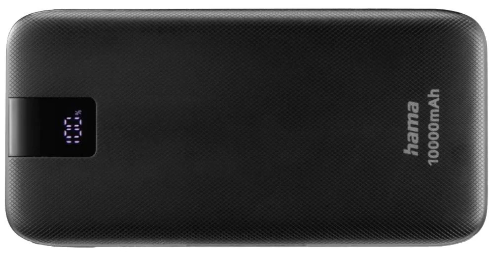 Czarny power bank z wyświetlaczem pokazującym 88%. Marka Hama. Czarne tło.