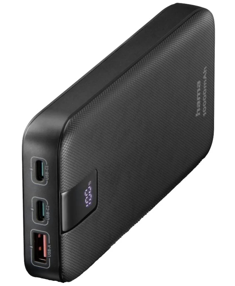 Czarny power bank z nadrukiem 10000mAh oraz dwoma portami USB-C i jednym USB-A.