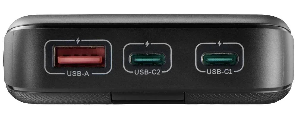 Czarny power bank z portami USB-A, USB-C1 i USB-C2.