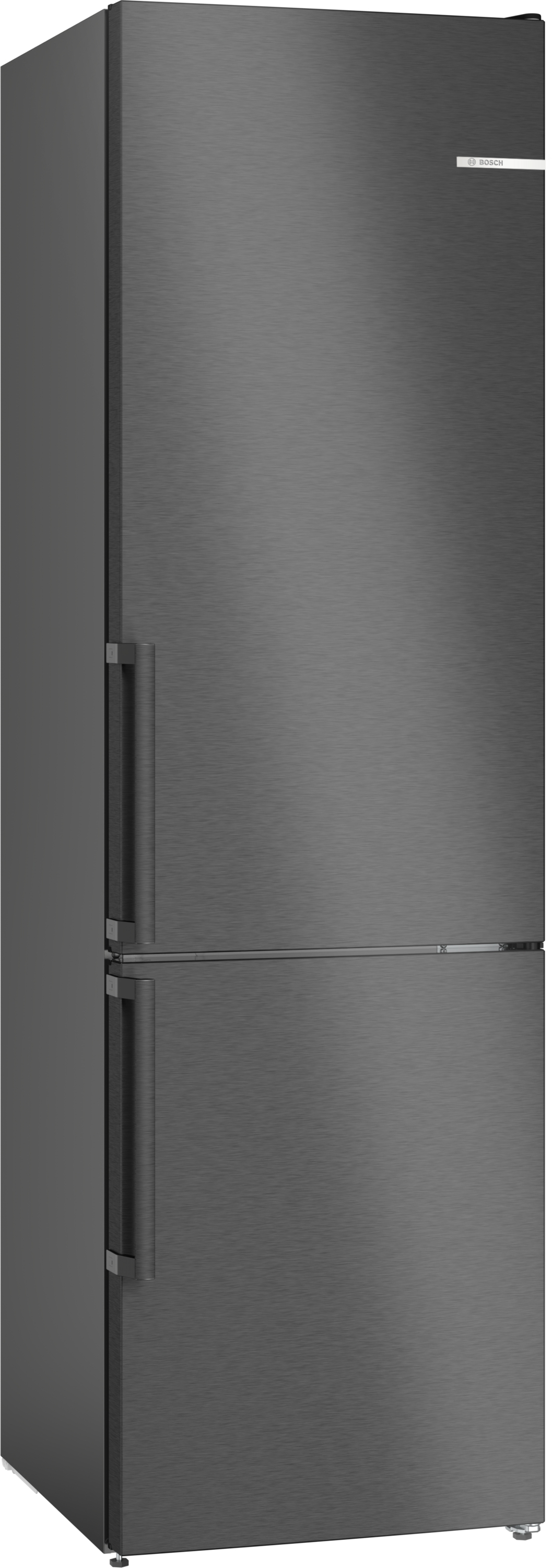 Ein dunkelgrauer Kühlschrank mit zwei Türen. Die obere Tür hat ein Bosch-Logo.