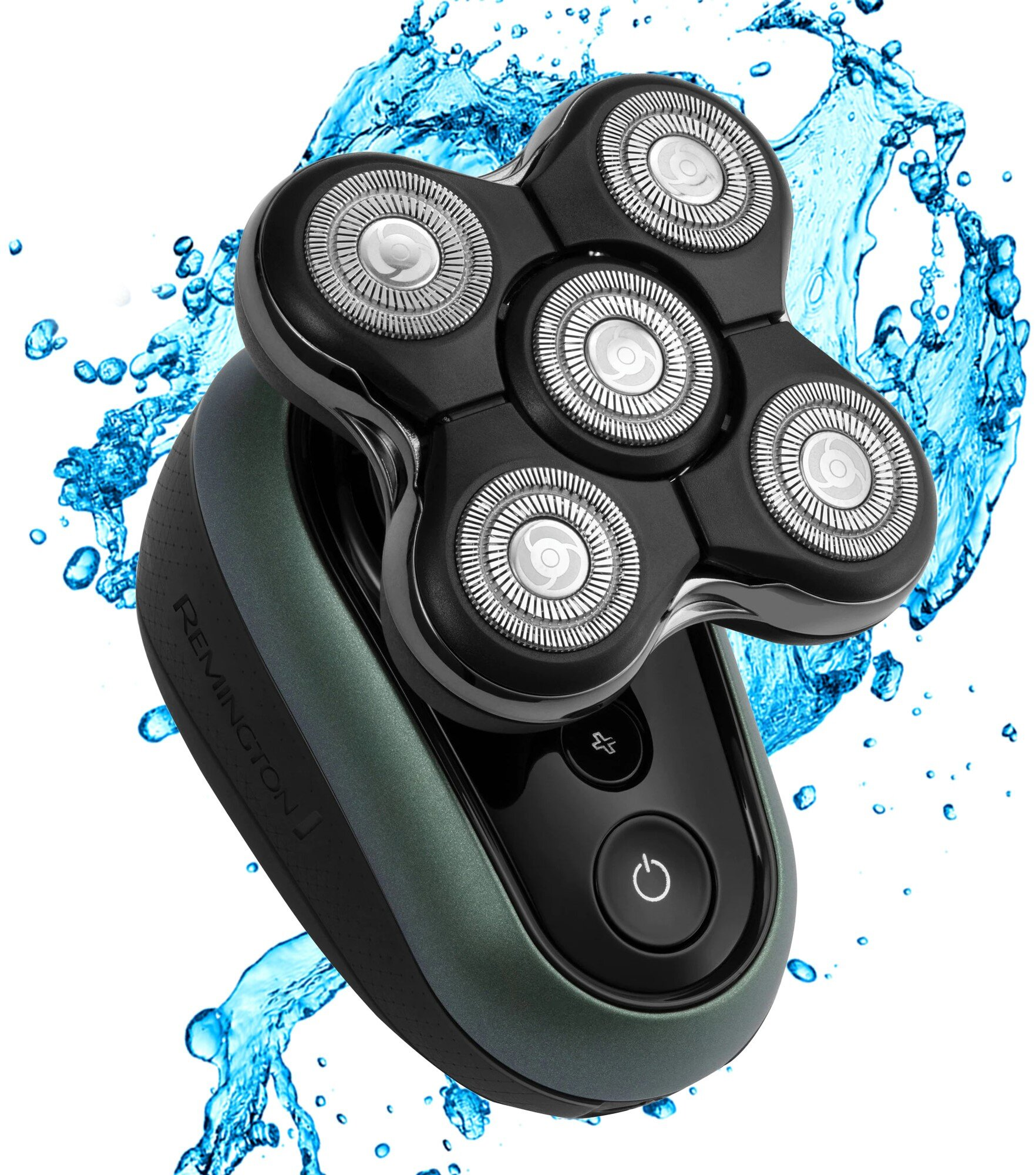 Golarka elektryczna z pięcioma obrotowymi głowicami. Czarno-zielona z rozpryskami wody.