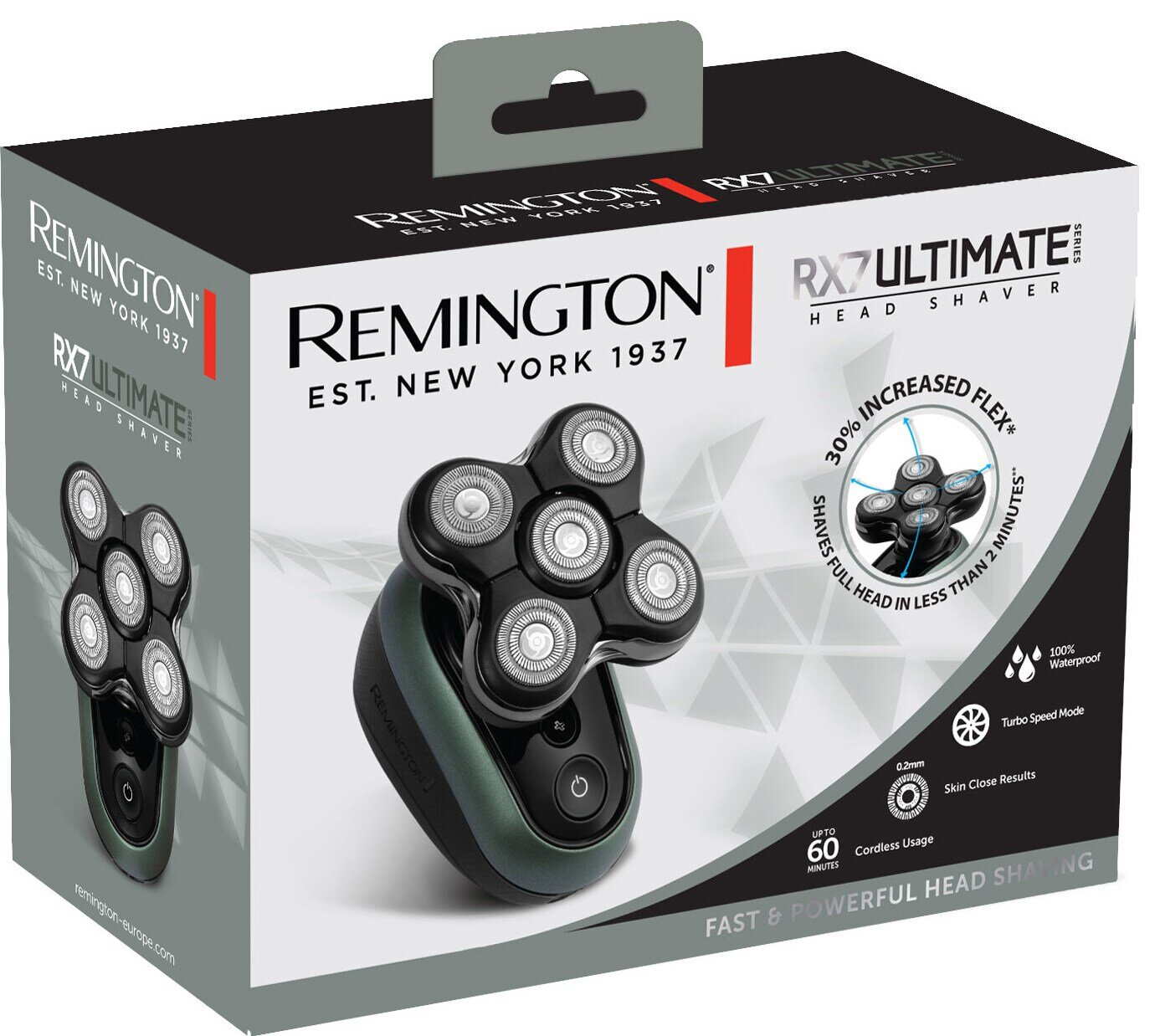 Pudełko Remington RX7 Ultimate Head Shaver. Maszynka i pudełko. Czarno-biały design.
