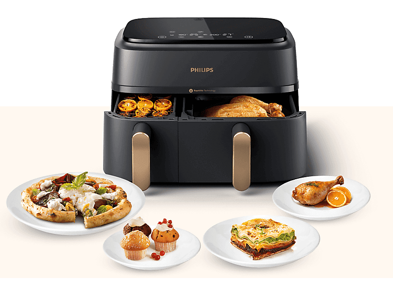 Frytkownica beztłuszczowa Air fryer PHILIPS Ovi Dual Basket NA352/00 z 2 szufladami Szary-miedziany – zdjęcie 2