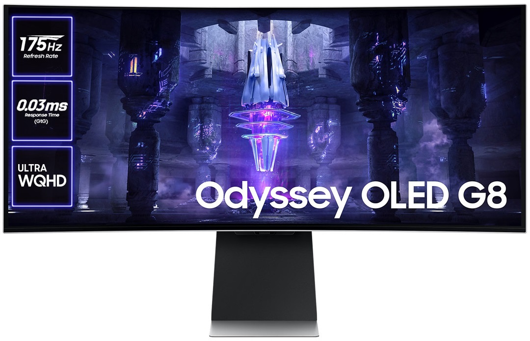 Zakrzywiony monitor z żywą sceną z gry, z tekstem o częstotliwości odświeżania i czasie reakcji.