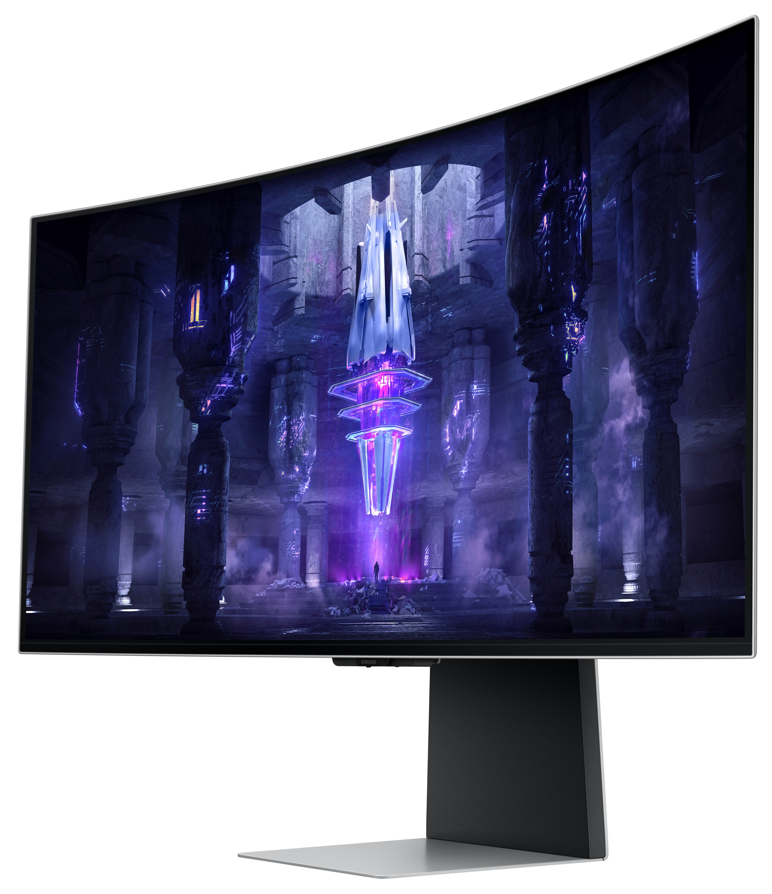 Zakrzywiony monitor z futurystyczną sceną na białym tle.