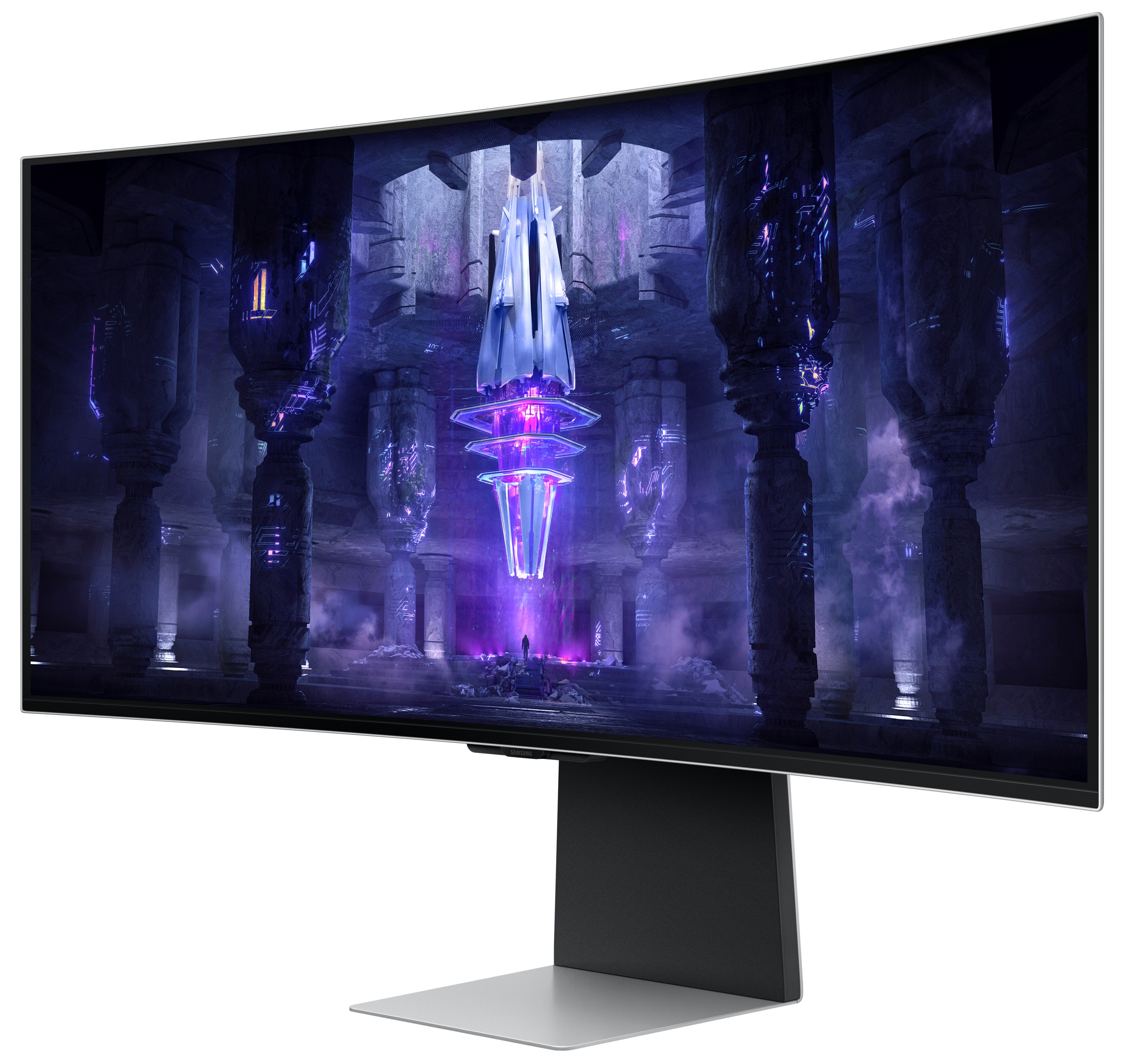 Zakrzywiony monitor wyświetlający futurystyczną, fioletowo oświetloną scenę wirtualną.