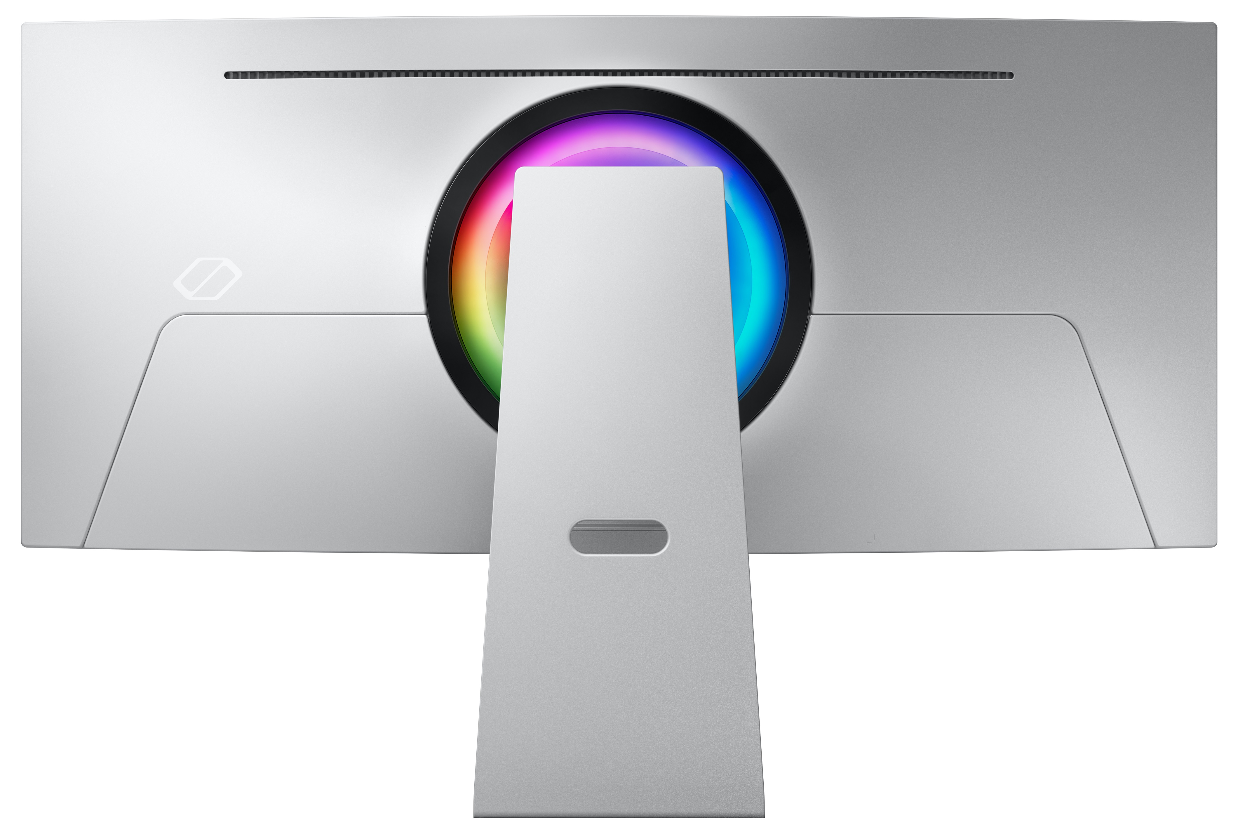 Tył srebrnego monitora z okrągłym światłem i podstawką. Minimalistyczny design.