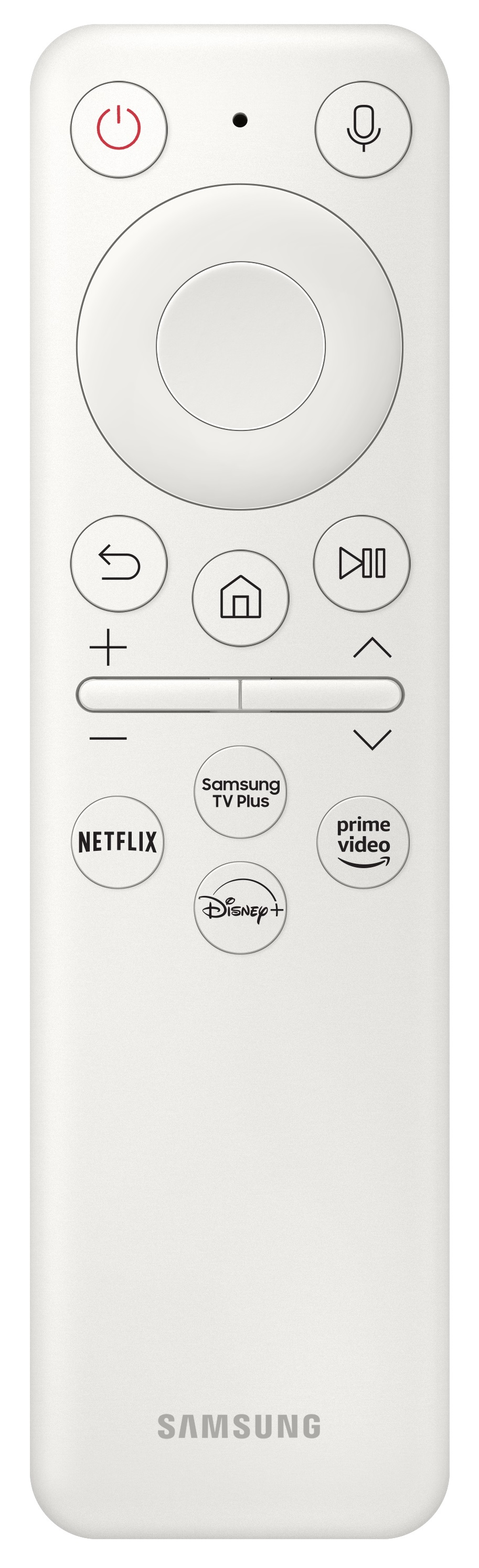 Biały pilot do telewizora Samsung. Górne przyciski: zasilanie, mikrofon. Przyciski: powrót, ekran główny, odtwarzaj/pauza, głośność.