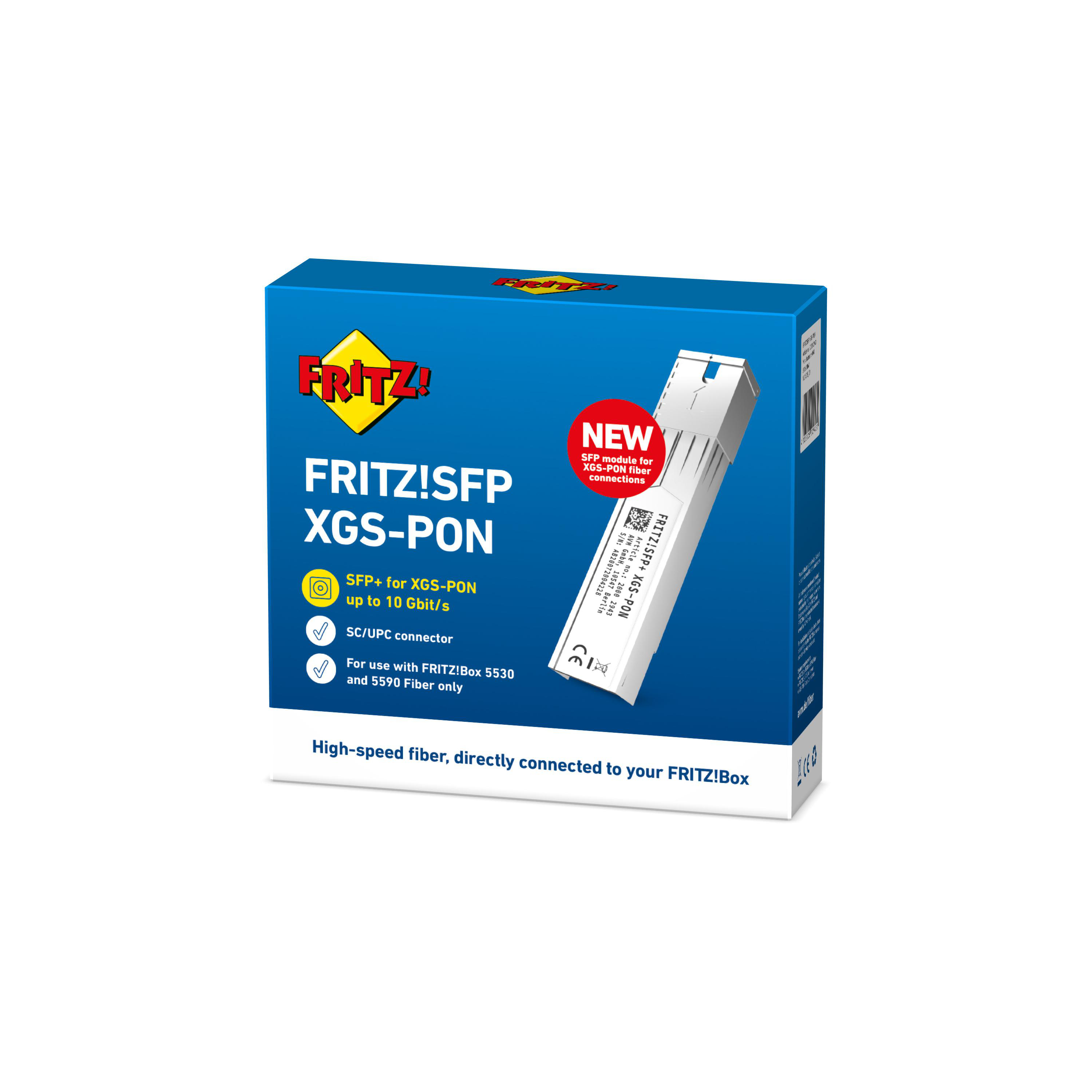 Blaue Box mit Text und einem weißen SFP-Modul, Verpackung für Glasfaseranschluss.