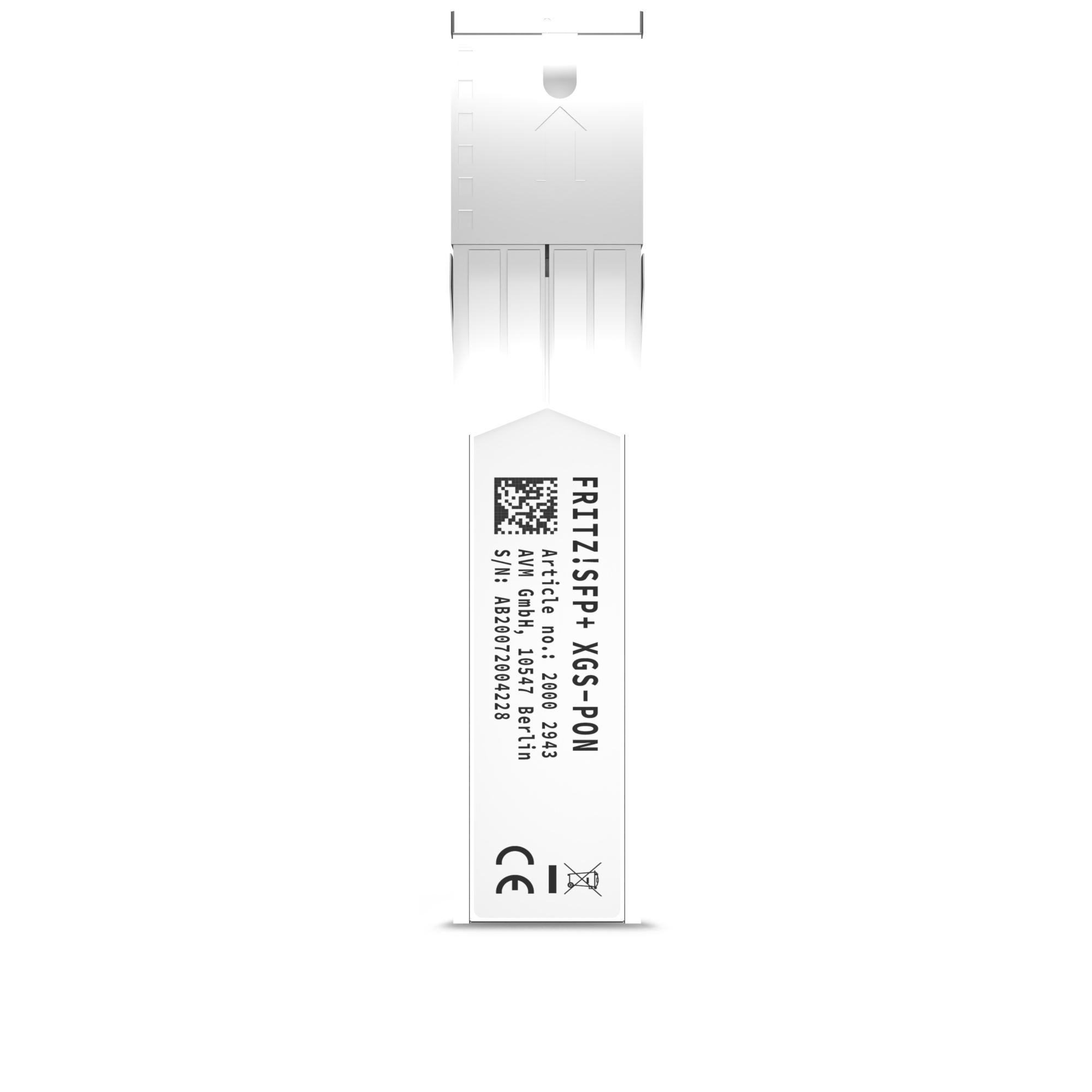 Weißes FRITZ!SFP+ XGS-PON-Modul mit Textdetails auf weißem Hintergrund.