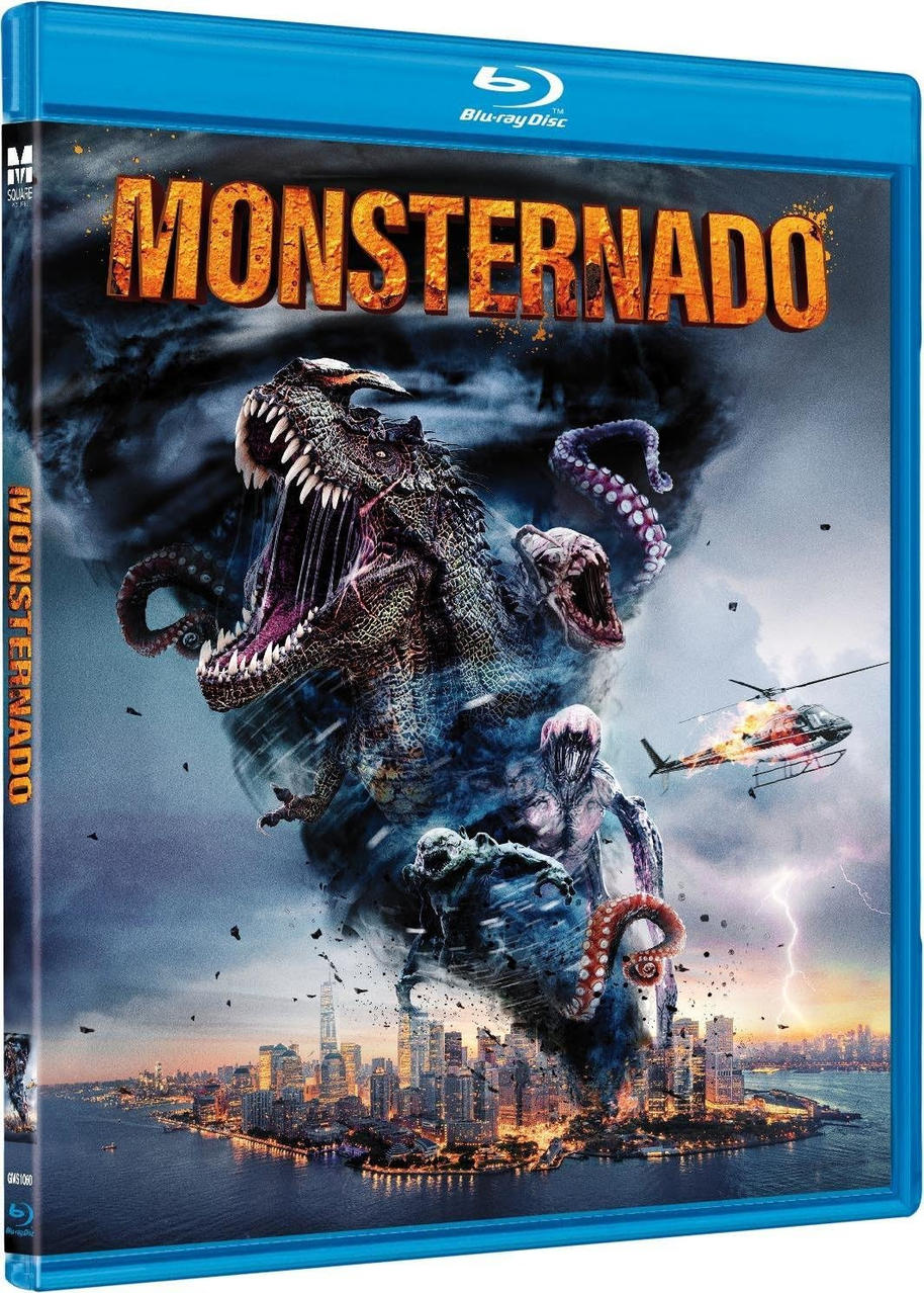 Blaue Blu-ray-Hülle mit Monster und Hubschrauber.