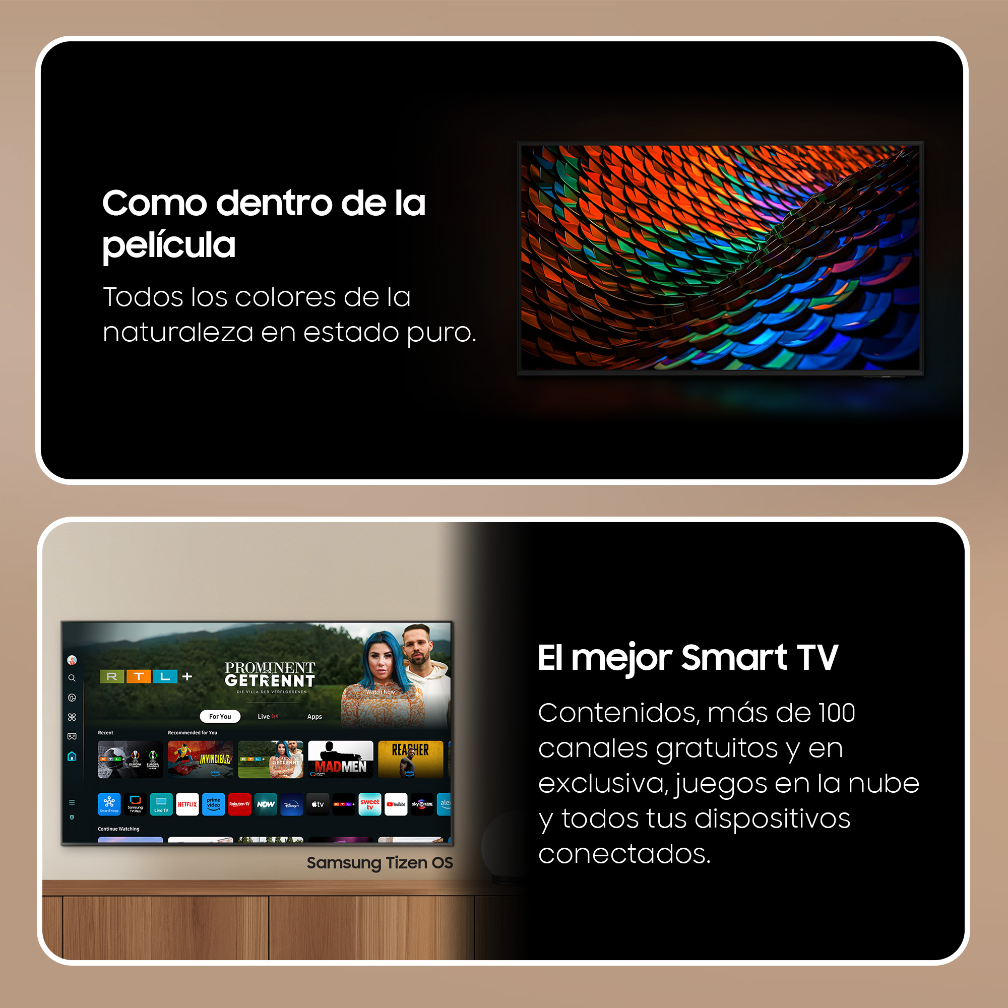 Dos imágenes con texto sobre las funciones de un televisor Samsung, incluidos sus colores vibrantes y capacidades de televisión inteligente.