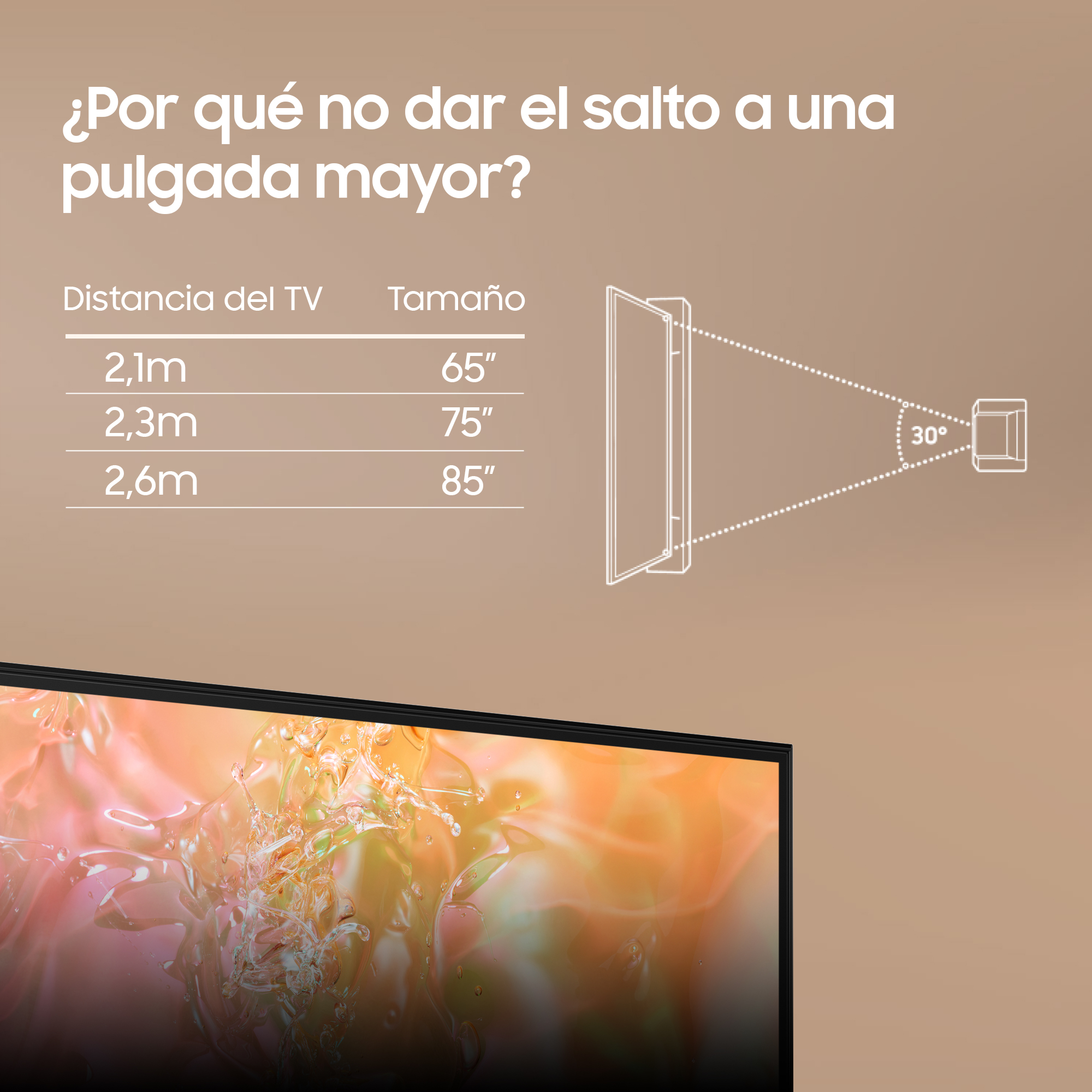 Pantalla de TV con una tabla que muestra tamaños y distancias para diferentes televisores.