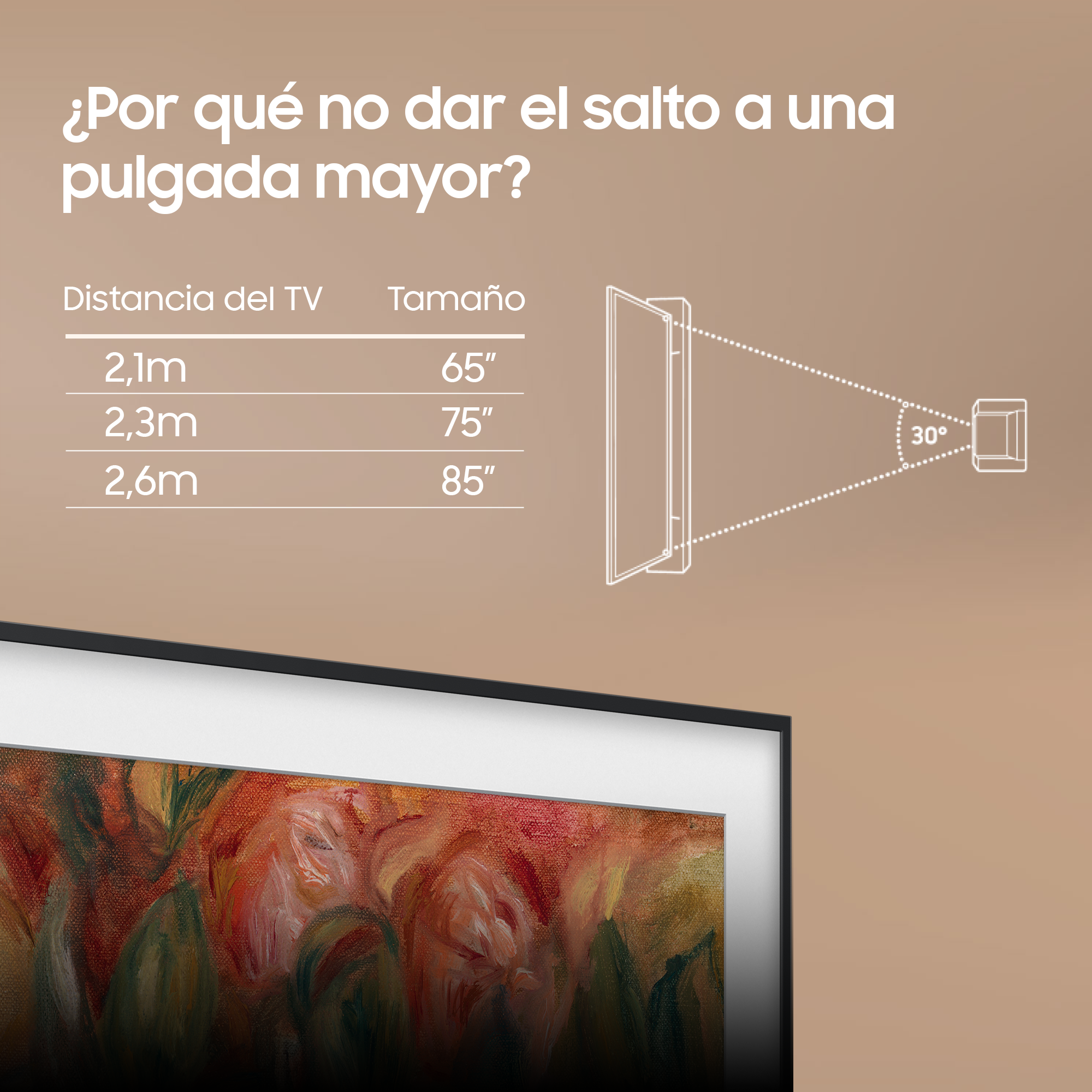 Una pantalla de TV con una tabla que muestra los tamaños de pantalla y las distancias. El texto está en español.