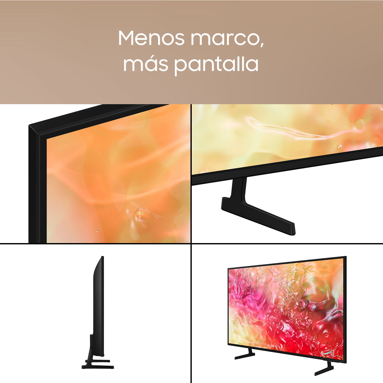 Un televisor con marco negro. La pantalla muestra una imagen colorida. Se muestran cuatro ángulos.