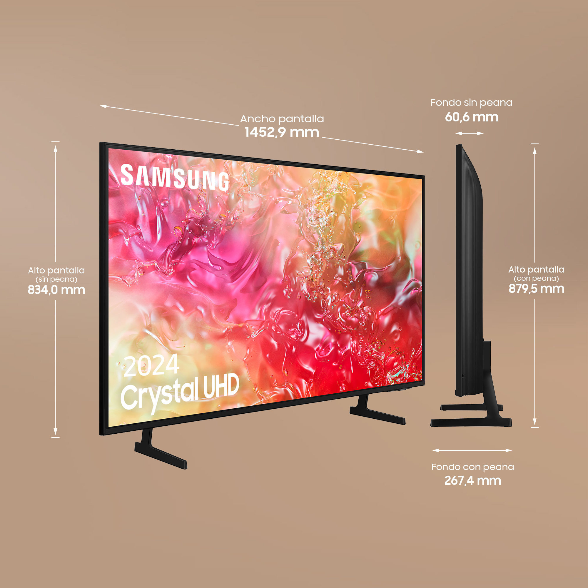 Televisor Samsung negro con dimensiones, vistas frontal y lateral, sobre superficie clara.